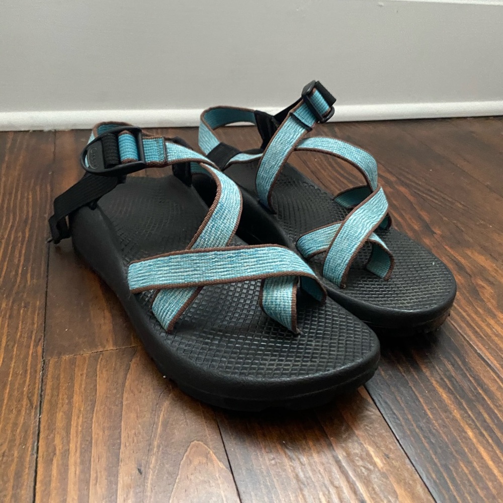 Women’s Chacos with Blue Tiger-Print Straps